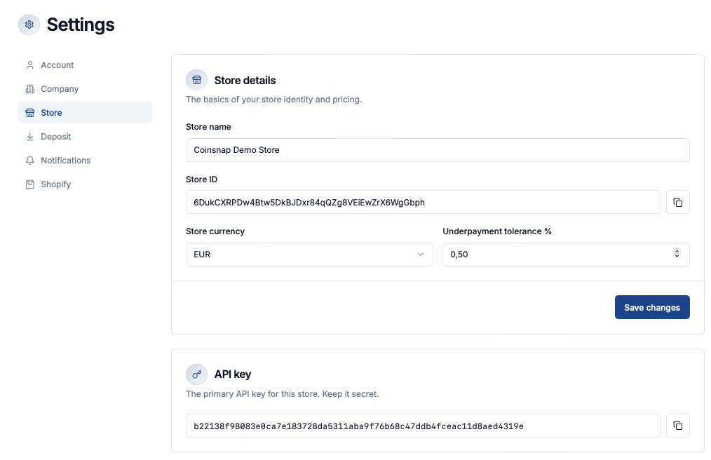 Coinsnap dashboard settings page showing Store Details and API Key. The Store ID and API key are displayed with copy buttons, along with store name, currency selection, and underpayment tolerance settings.