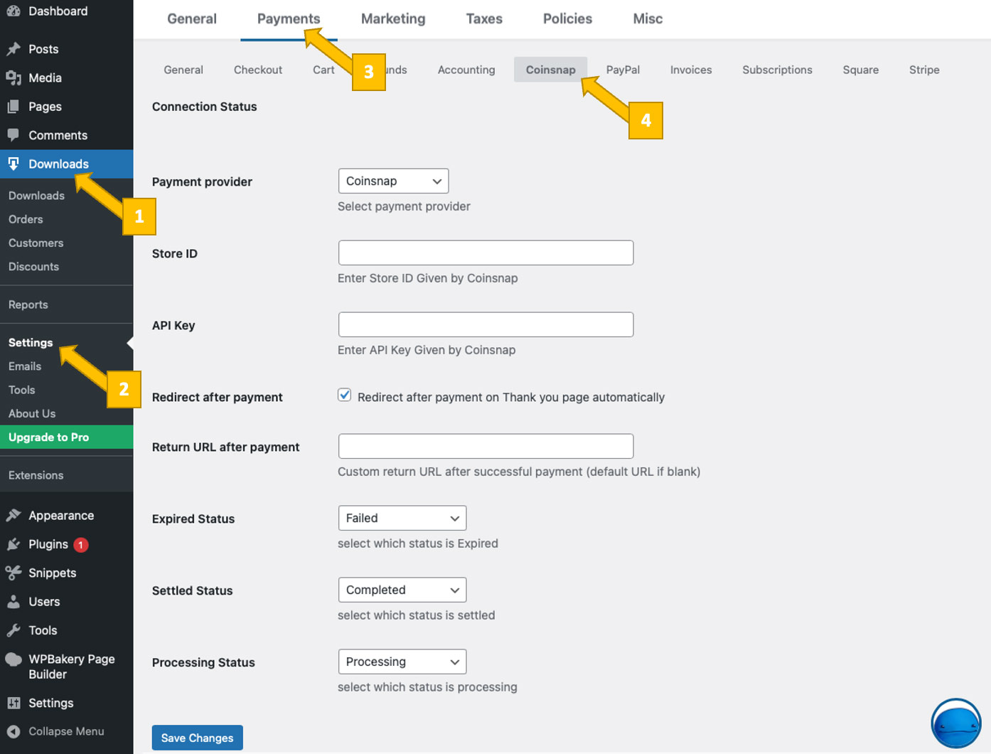 Coinsnap settings in EED