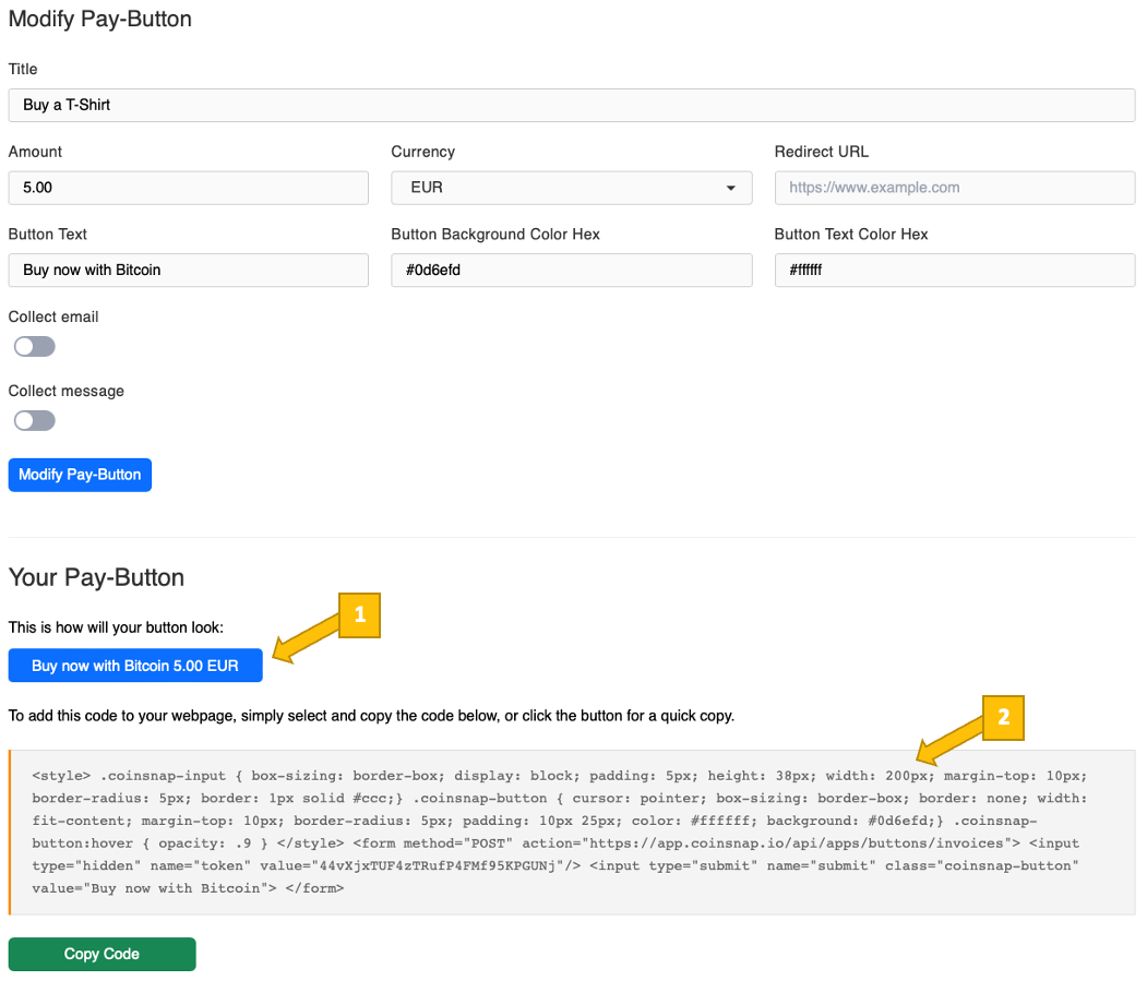 HTML-snippet for the Bitcoin Payment Button