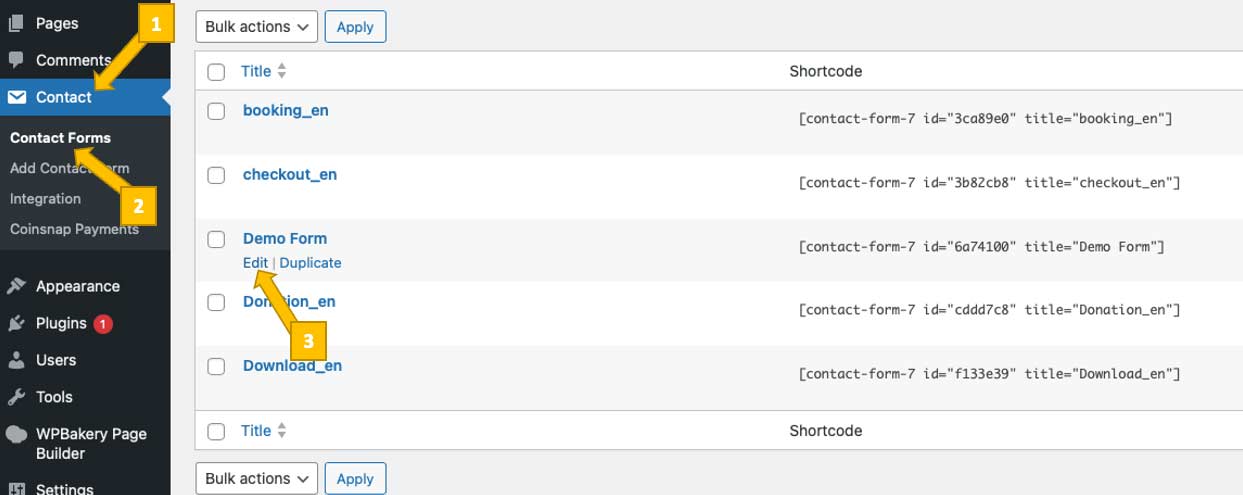 Open a Contact Form 7 form to start configuration of the plugin