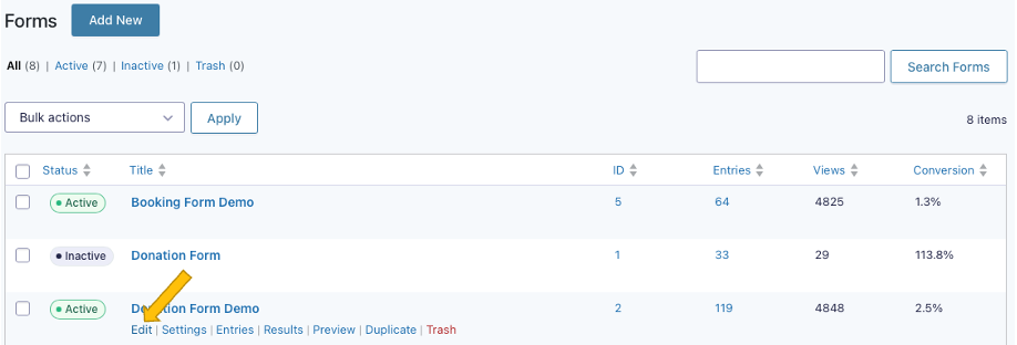 Select the form you just used to make a test payment