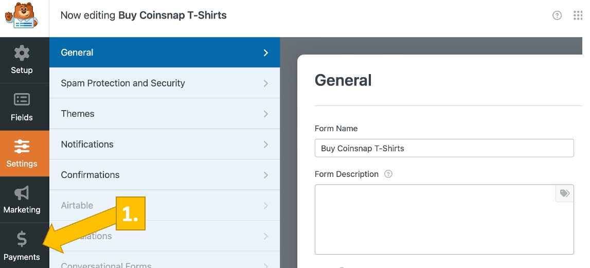 Select Payments in your WPForm