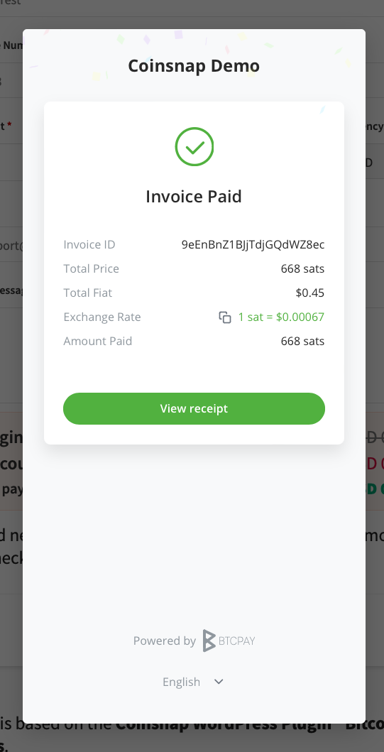 Success screen for a confirmed paymen