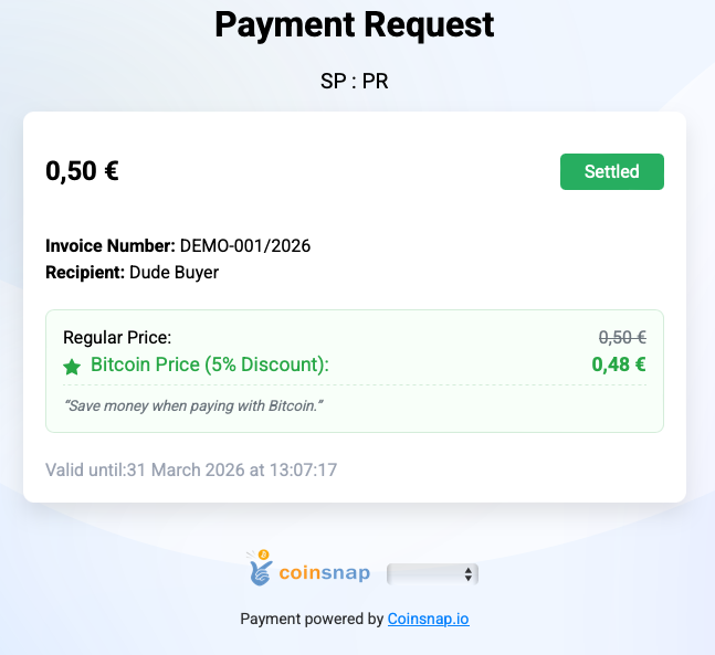 Default success page for Bitcoin Payment Link