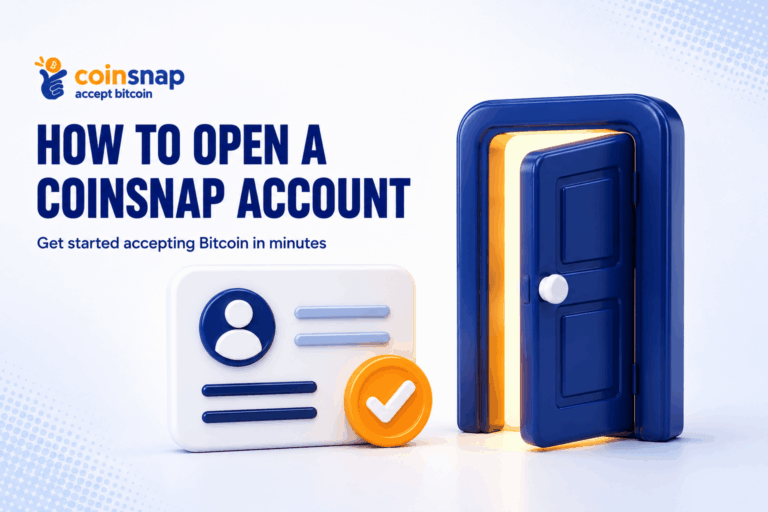 Sign-up form and checkmark illustrating how to open a Coinsnap account