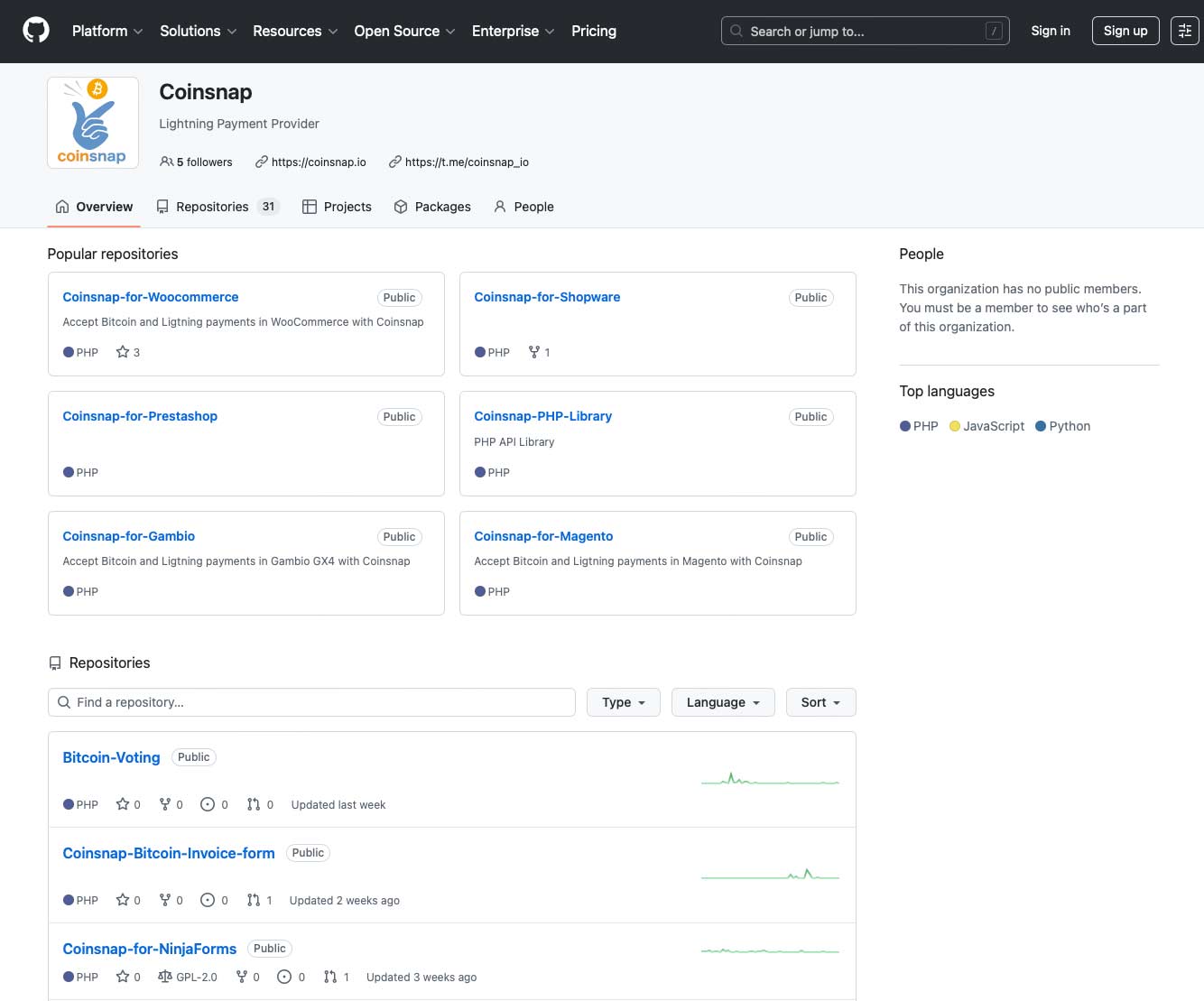 Github's Coinsnap repository - where you can download all Coinsnap Bitcoin payment modules 