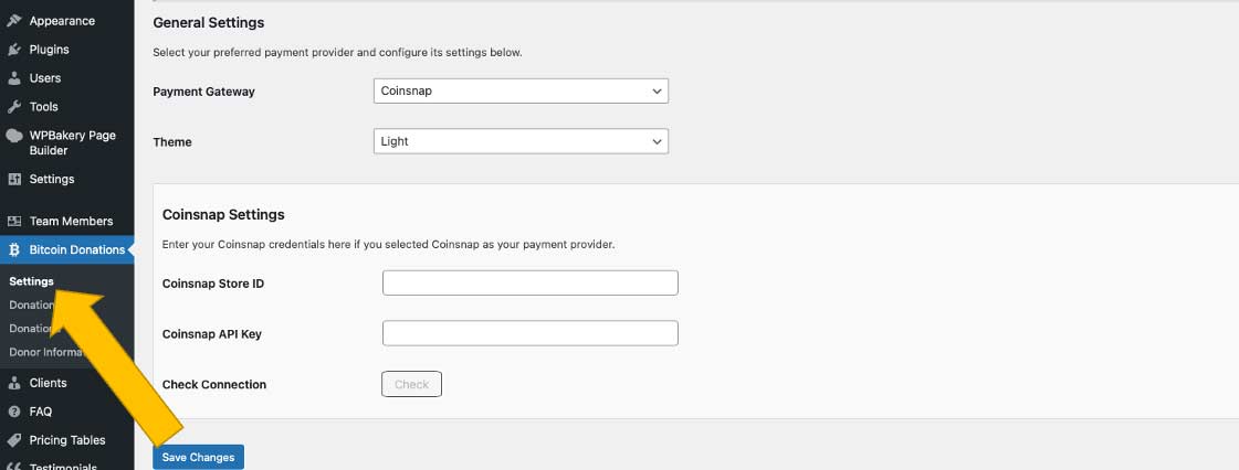 Open the settings in your Coinsnap plugin