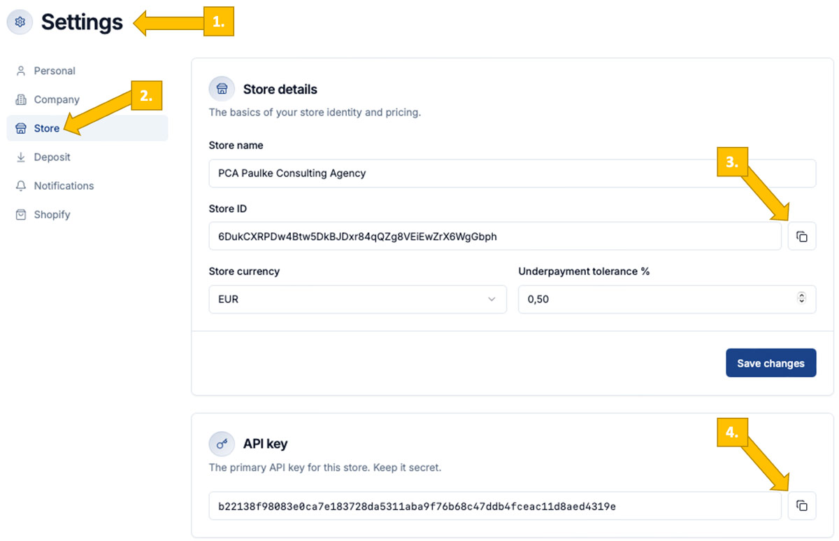 How to retrieve Store ID and API Key in the Coinsnap dashboard