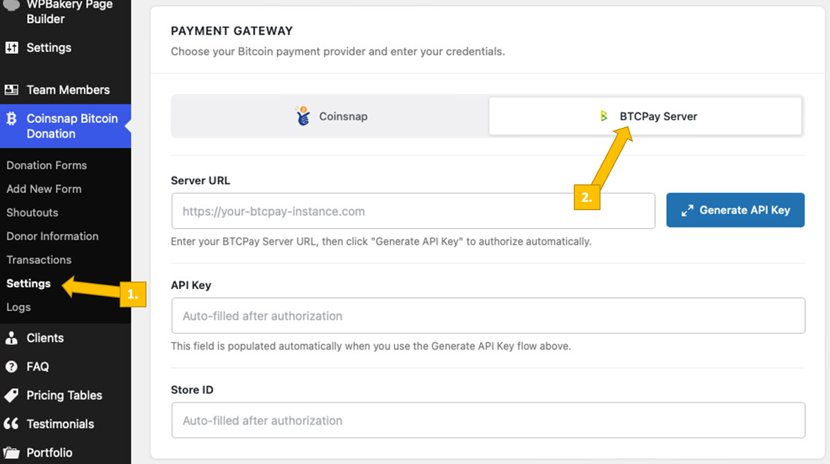 Select BTCPay Server as your Bitcoin payment gateway
