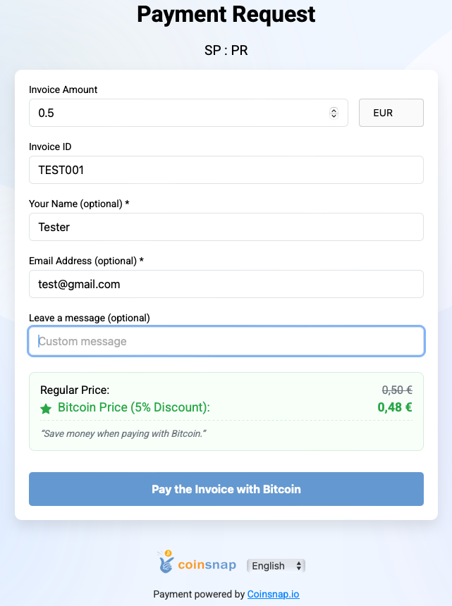 Filled Bitcoin invoice form