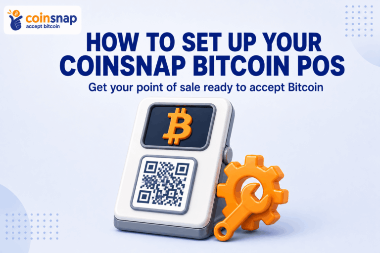 Step-by-step setup screens for the Coinsnap Bitcoin POS Setup process