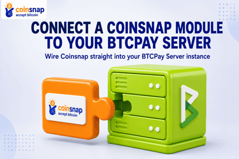 Coinsnap module plugging into a BTCPay Server icon illustrating the connection process