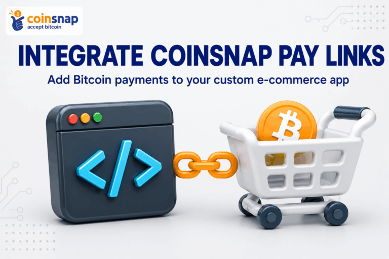 Code window linked to a shopping cart showing the Coinsnap Pay Link API integration