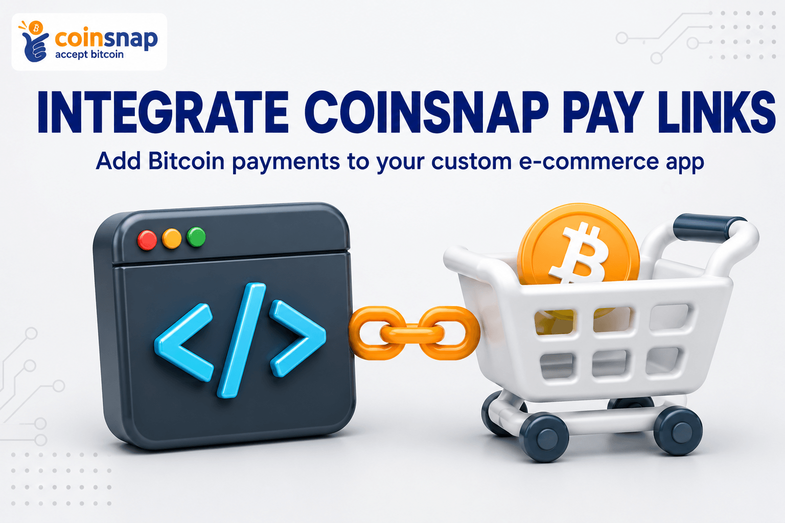 Code window linked to a shopping cart showing the Coinsnap Pay Link API integration