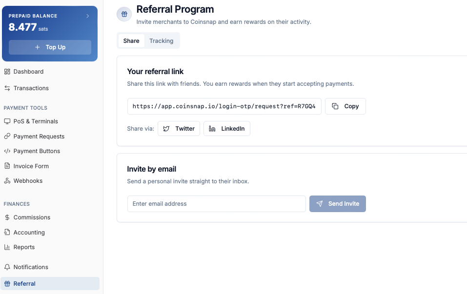 Where to find your personal Coinsnap referral code