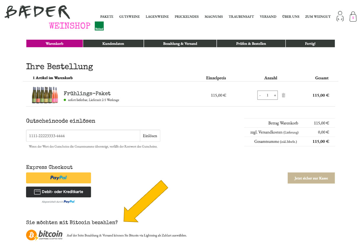 Weingut Baeder now accepts Bitcoin payment by Coinsnap