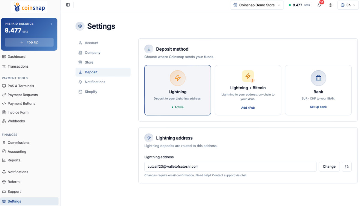 Coinsnap dashboard settings screen showing the deposit method set to Lightning and a Lightning address field for receiving Bitcoin payments.