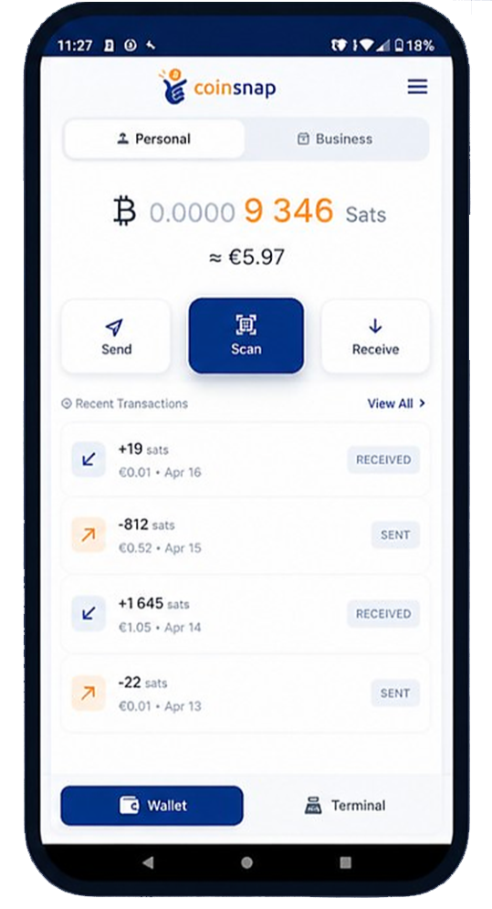 Coinsnap POS Wallet app shown on a smartphone screen with Bitcoin balance, Send, Scan and Receive buttons, recent transactions, and Wallet/Terminal navigation.