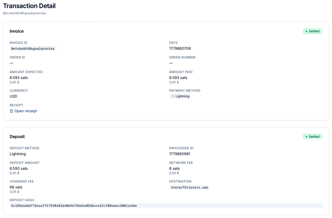 Coinsnap transaction detail screen showing invoice and deposit data for a settled Lightning payment, including amount paid, fees, destination, and deposit hash.