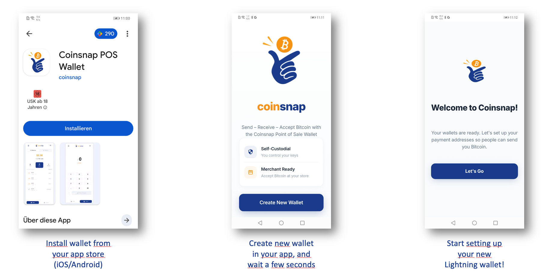 Three-step Coinsnap POS Wallet setup graphic showing app installation, wallet creation, and the start of Lightning wallet setup on a smartphone.