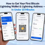 Three smartphone screens showing a Bitcoin Lightning wallet dashboard, a Lightning address with QR code, and a payment screen, with a merchant hand holding one phone against a light blue Bitcoin-themed background.