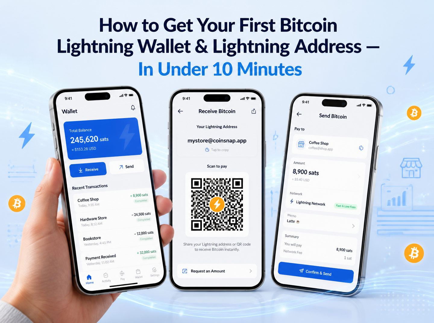 Three smartphone screens showing a Bitcoin Lightning wallet dashboard, a Lightning address with QR code, and a payment screen, with a merchant hand holding one phone against a light blue Bitcoin-themed background.