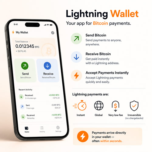 Minimalist graphic of a Bitcoin Lightning wallet app and Lightning address displayed on a smartphone screen with Send and Receive buttons, illustrating instant Bitcoin payments, low fees, and global Lightning transactions.