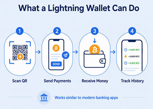 Minimal fintech infographic showing four main functions of a Bitcoin Lightning wallet: scanning QR codes, sending payments, receiving Bitcoin, and tracking transaction history.