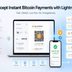 Modern fintech-style illustration showing a laptop and smartphone processing instant Bitcoin Lightning payments. The screen displays a Bitcoin checkout with QR code, while floating UI cards highlight benefits such as instant settlement, low fees, global payments, no chargebacks, and direct wallet settlement.