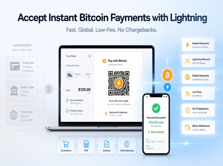 Modern fintech-style illustration showing a laptop and smartphone processing instant Bitcoin Lightning payments. The screen displays a Bitcoin checkout with QR code, while floating UI cards highlight benefits such as instant settlement, low fees, global payments, no chargebacks, and direct wallet settlement.