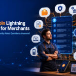 Business owner reviewing Bitcoin Lightning FAQ questions about wallets, payments, fees, security, invoices, and euro settlement.