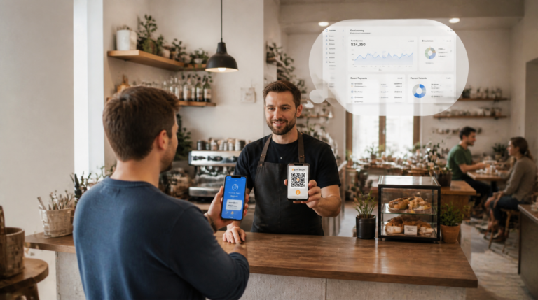 Best Crypto Wallets for Merchants: Merchant accepting a Bitcoin Lightning payment at the counter while monitoring a business dashboard that manages sales, transactions, and reporting.