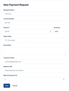 Coinsnap Payment Request form for creating a Bitcoin payment request with customer details, invoice number, amount, expiry date, and optional Bitcoin discount.