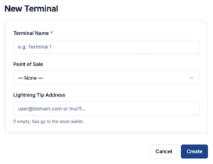 Coinsnap Terminal setup screen for creating a new Bitcoin POS terminal with a terminal name, assigned point of sale, and optional Lightning tip address.