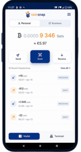 Coinsnap Bitcoin Wallet app showing a self-custodial Bitcoin and Lightning wallet with send, scan and receive functions, recent transactions and personal/business account selection.