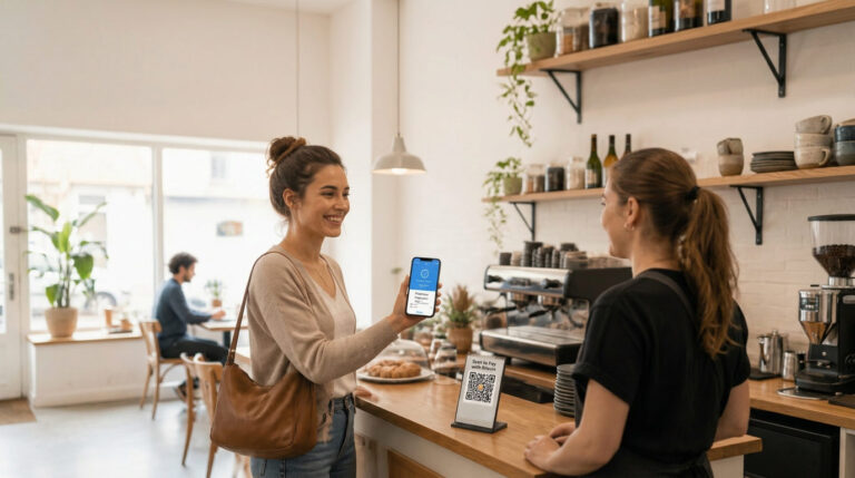 Customer paying with the Coinsnap Bitcoin Wallet in a café using a Lightning QR code for a fast Bitcoin payment.