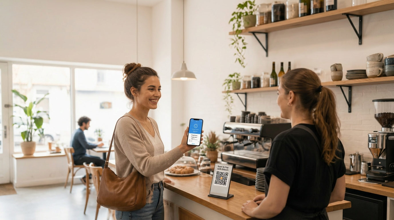 Customer paying with the Coinsnap Bitcoin Wallet in a café using a Lightning QR code for a fast Bitcoin payment.
