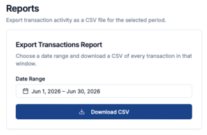Coinsnap Reports dashboard for selecting a date range and downloading transaction data as a CSV file.