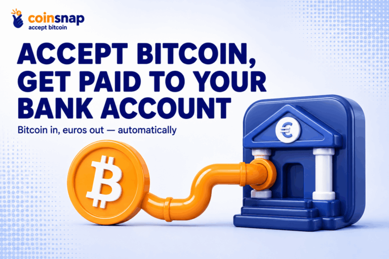 Bitcoin coin balanced against a euro coin and bank icon showing how to accept Bitcoin and get paid to your bank account