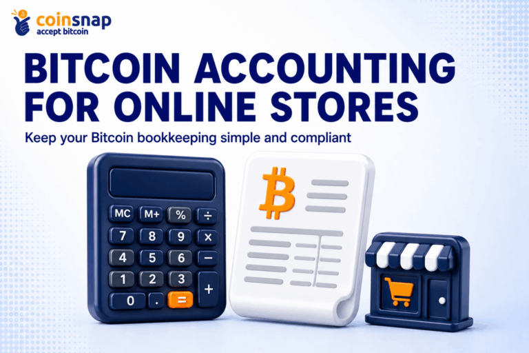 Ledger and calculator showing Bitcoin accounting for online stores