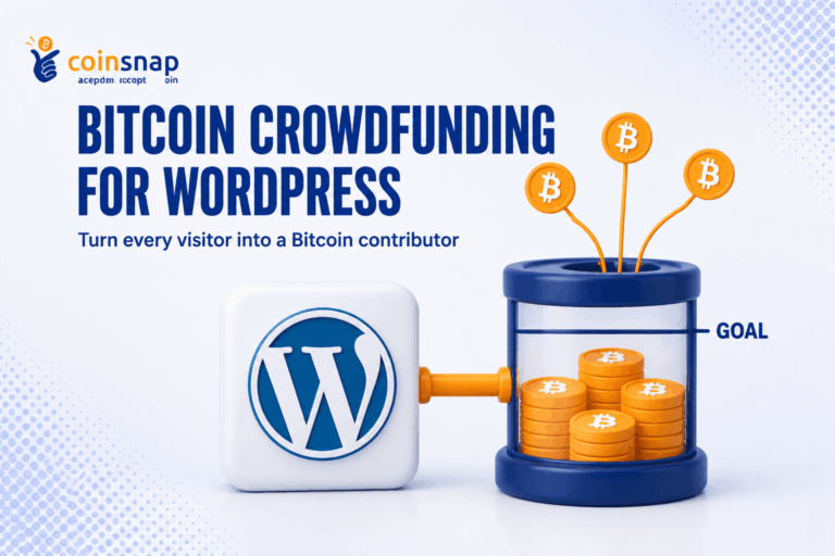 WordPress logo linked to a goal gauge filling with Bitcoin coins from several small contributions, illustrating Bitcoin crowdfunding for WordPress
