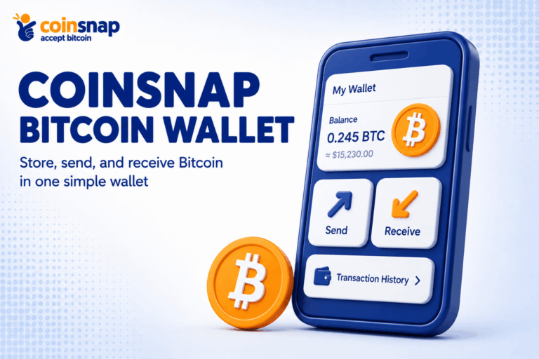 Smartphone screen showing the Coinsnap Bitcoin Wallet balance and transaction controls