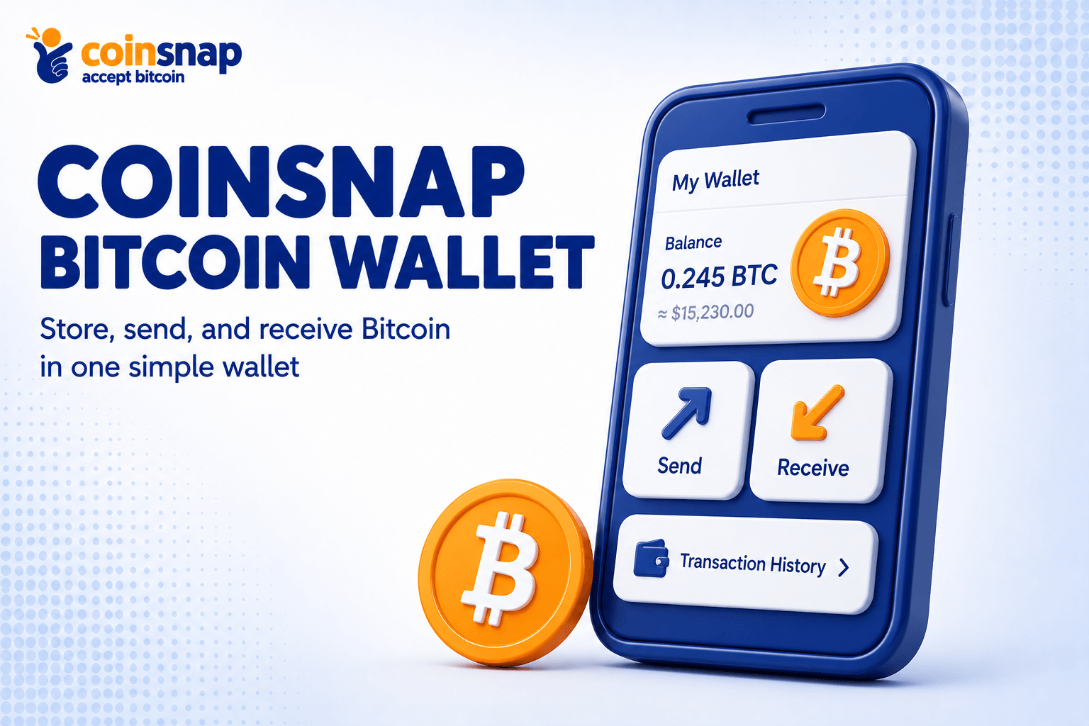 Smartphone screen showing the Coinsnap Bitcoin Wallet balance and transaction controls