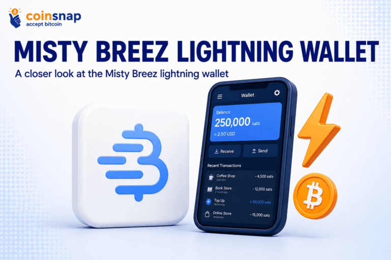 Misty Breez logo beside a smartphone wallet screen with a lightning bolt and Bitcoin coin, illustrating the Misty Breez lightning wallet