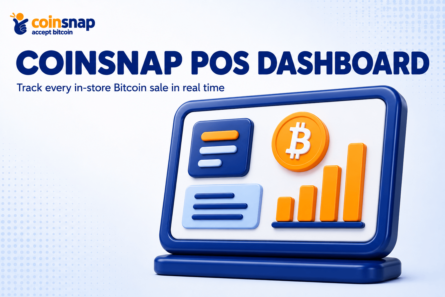 Dashboard screen with a bar chart and Bitcoin coin showing the Coinsnap POS Dashboard