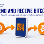 Coinsnap Wallet phone with Bitcoin coins flowing in on one side and out on the other, illustrating how to send and receive Bitcoin