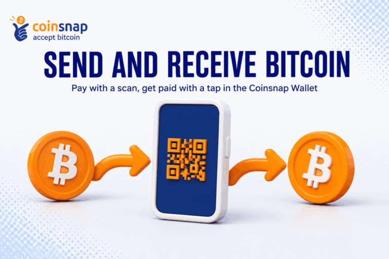 Coinsnap Wallet phone with Bitcoin coins flowing in on one side and out on the other, illustrating how to send and receive Bitcoin