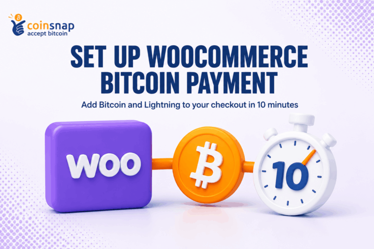 WooCommerce block linked to a Bitcoin coin and a stopwatch showing 10, illustrating a fast WooCommerce Bitcoin setup