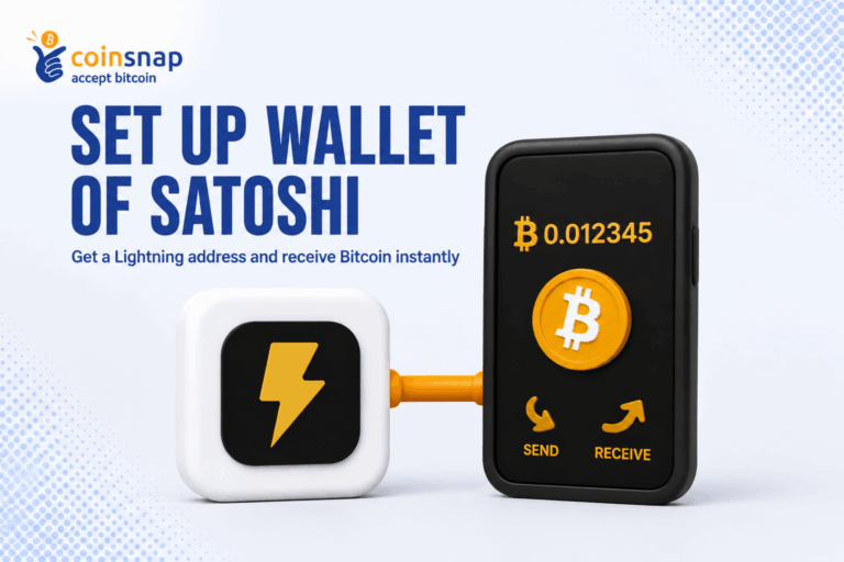 Wallet of Satoshi logo linked to a black and gold phone showing a wallet balance screen, illustrating how to set up Wallet of Satoshi