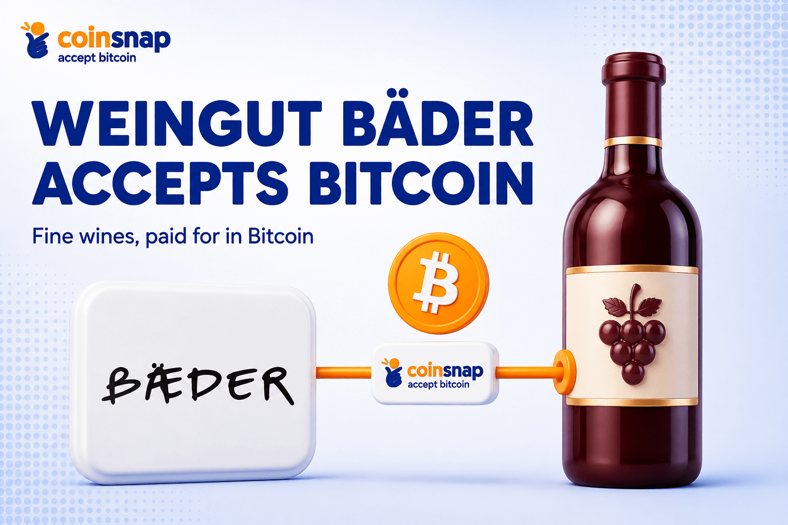 Weingut Baeder logo next to a wine bottle and Bitcoin coin showing its Bitcoin payment integration